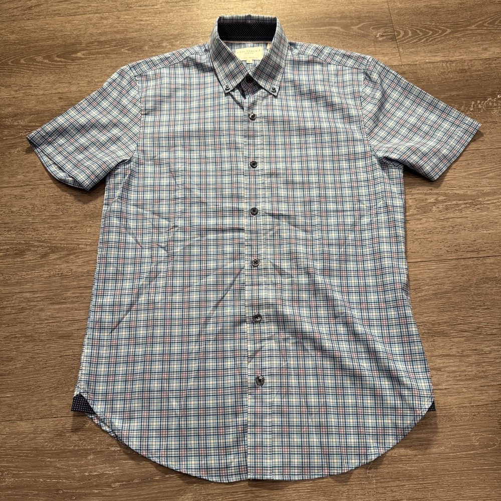 CON.STRUCT Shirt Mens Small Blue Plaid 4 Way Stretch Short Sleeve Performance